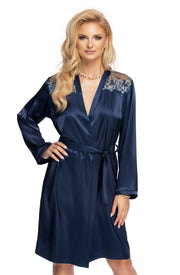 Irall Elodie Luxurious Satin and Lace Dressing Gown in Navy