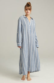 Nudea Organic French Navy Stripe Cotton Maxi Shirt for Bed and Beyond