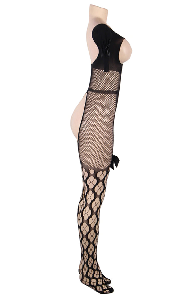 YesX Black Bodystocking with Complementary Patterns and Bows