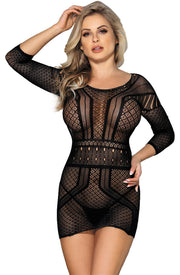 YesX Black Bodystocking Dress with All-Over Design and Open Back