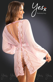 YesX Sheer Floral Pink Lace Dressing Gown Set