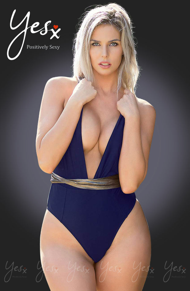 YesX Deep Plunge Navy Swimsuit with Gold Tie Detail