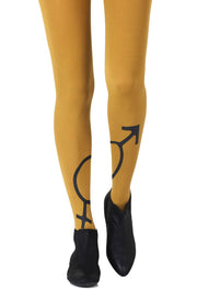 Zohara 120 Denier Mustard Tights With Black Gender Symbol Print
