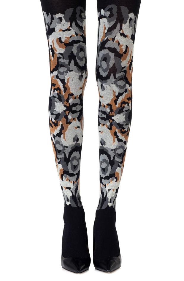 Zohara Black Tights With Grey And Orange Allover Print