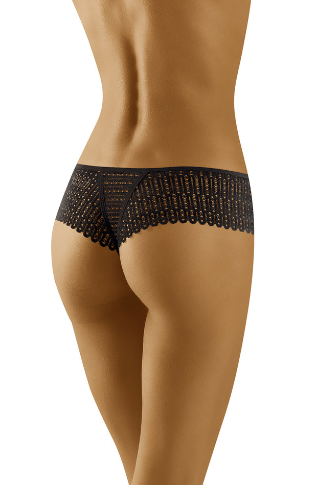 Wolbar Curanta Richly Decorated Lace Black Thong with Center Bow