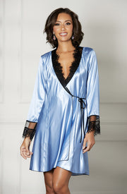 Shirley of Hollywood Blue/Black Charmeuse Short Robe with Eyelash Lace
