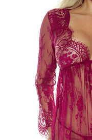 Provocative Elegant Full-Length Wine Lace Robe Set
