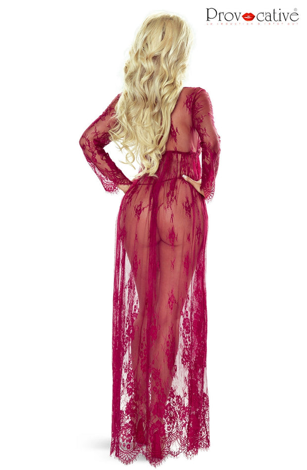 Provocative Elegant Full-Length Wine Lace Robe Set