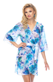 Irall Erotic Kasumi I Floral Dressing Gown with Satin Belt, Blue