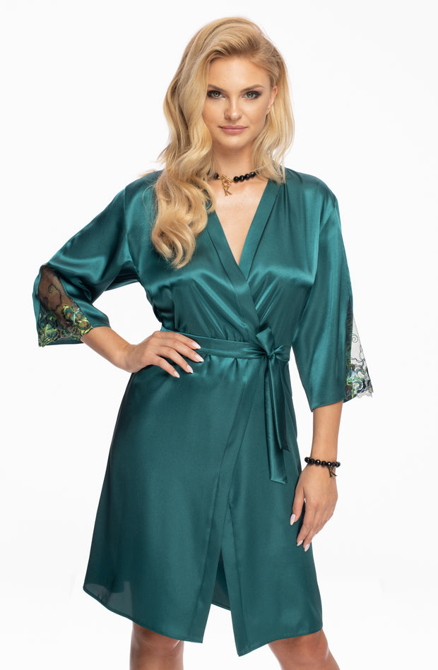 Irall Nikita Elegant Satin Jade Dressing Gown with Floral Embroidery