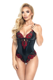 Irall Erotic Katalina Sensual Teddy in Wet-Look Material and Floral Lace