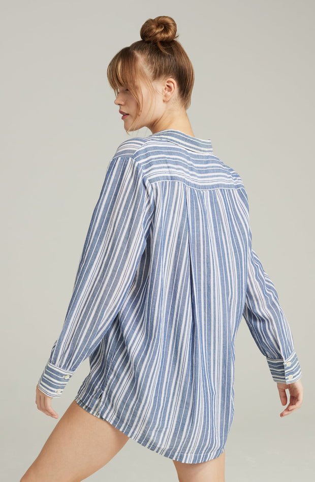 Nudea's Organic Cotton Midi Sleep Shirt in French Navy Stripe