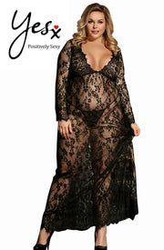 YesX Black Long-Sleeved Lace Nightdress Gown with Floral Design