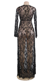 YesX Stunning Black Long-Sleeved Lace Nightdress Gown with Floral Design