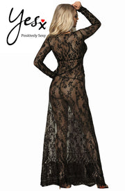 YesX Stunning Black Long-Sleeved Lace Nightdress Gown with Floral Design
