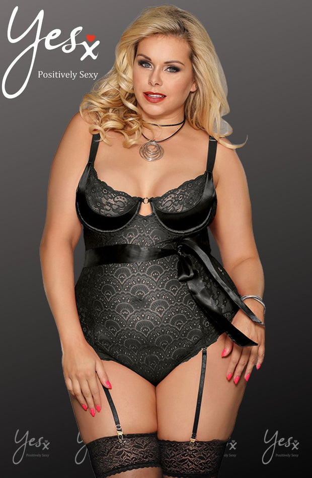 YesX Black Lace Body with Satin Bow and Hourglass Shaping