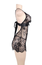 YesX Black Lace Chemise Set with Keyhole Design and Satin Ribbon Tie