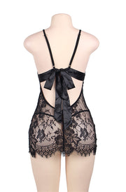 YesX Black Lace Chemise Set with Keyhole Design and Satin Ribbon Tie