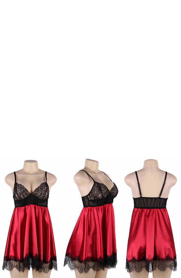 YesX Red Satin Babydoll with Black Lace Cups and Matching Blindfold