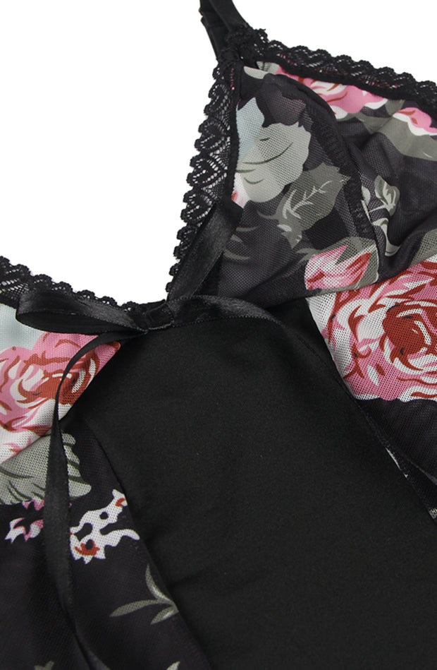 YesX  Black Babydoll Chemise with Floral Panels and Lace Detail