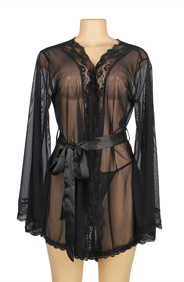 YesX Black Lace-Edged Dressing Gown with Satin Belt and Matching Thong