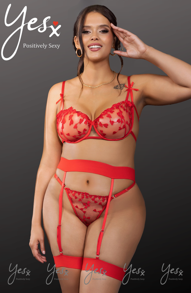 YesX Plus Size Red Heart-Patterned 3 piece Bra Set