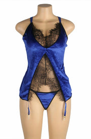 YesX Luxurious Rich Blue Gartered Babydoll Set with Thong