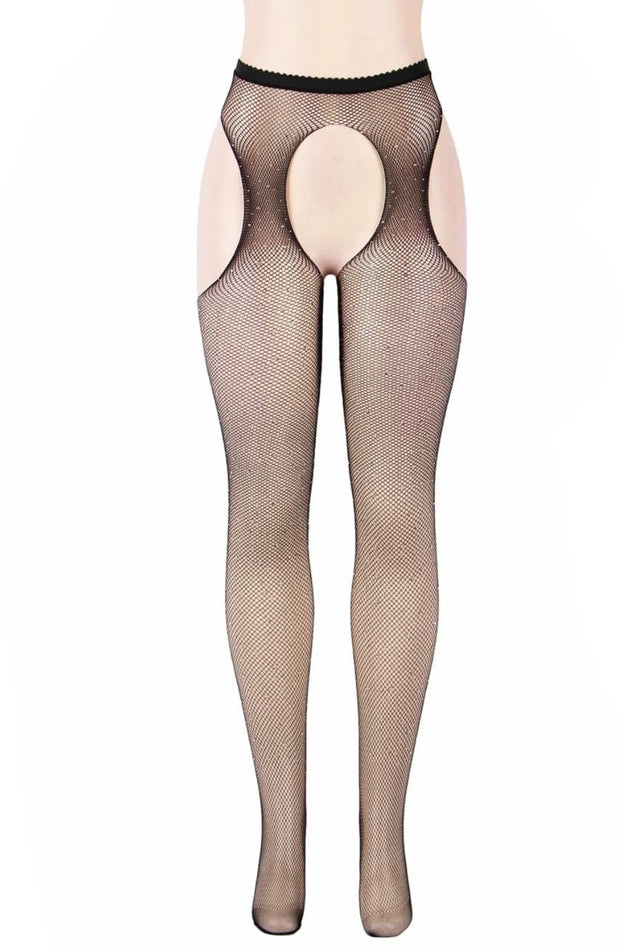 YesX Shimmering Black Fishnet Crotchless Tights