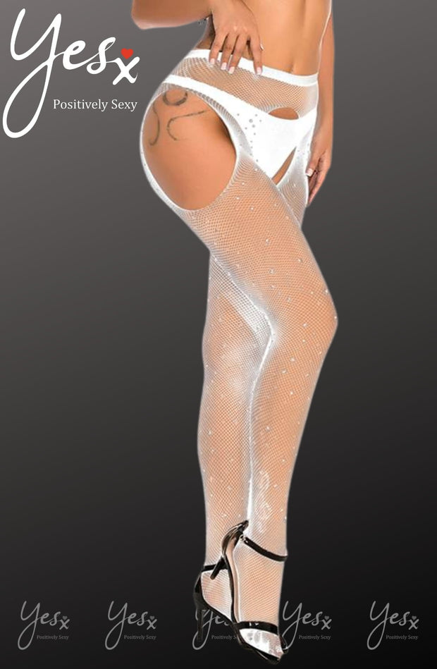 YesX Shimmering White Fishnet Crotchless Tights