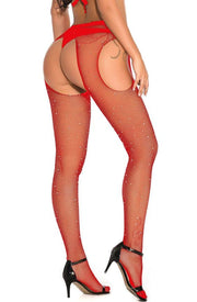 YesX Shimmering Red Fishnet Crotchless Tights