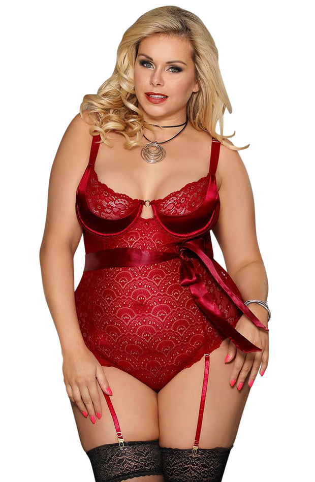 YesX - Satin Lace Bodystocking Red Plus Size