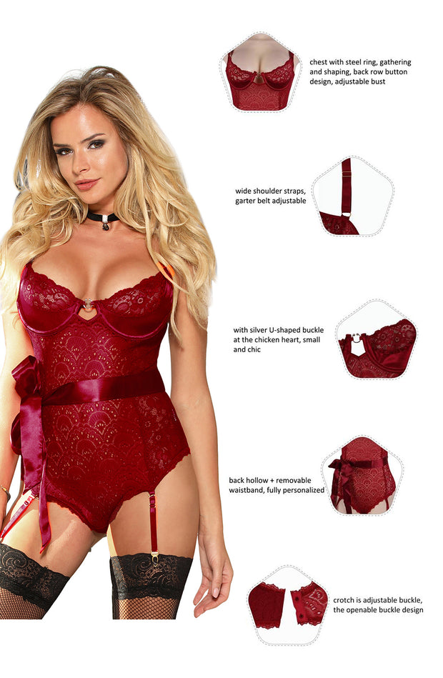 YesX Red Lace Body with Satin Bow and Hourglass Shaping