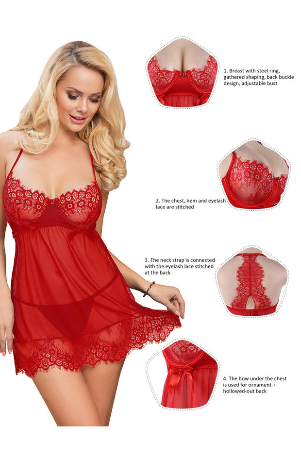 YesX  Red Babydoll with Eyelet Lace and Ribbon Bows