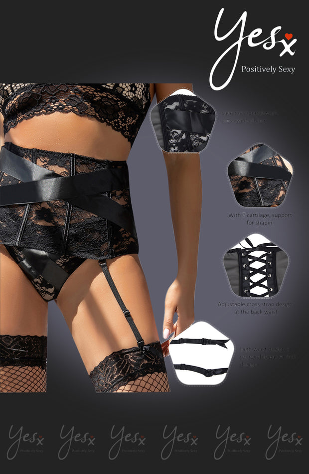 YesX Black Lace Suspender Belt and Matching Thong Set