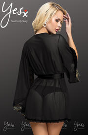 YesX Black Lace-Edged Dressing Gown with Satin Belt and Matching Thong