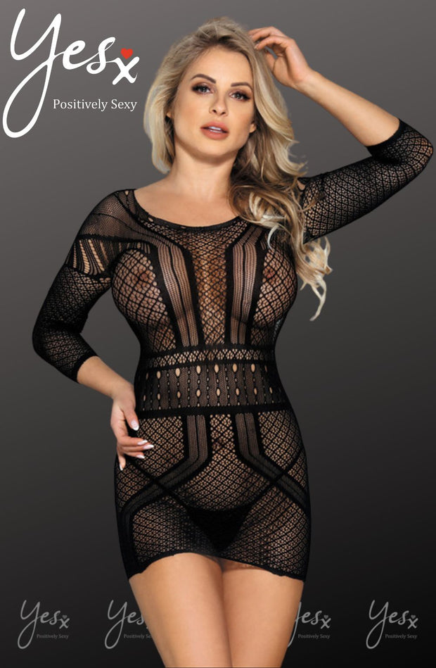 YesX Black Bodystocking Dress with All-Over Design and Open Back