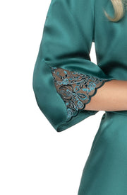 Irall Emerald Green Satin Dressing Gown with Intricate Floral Embroidery