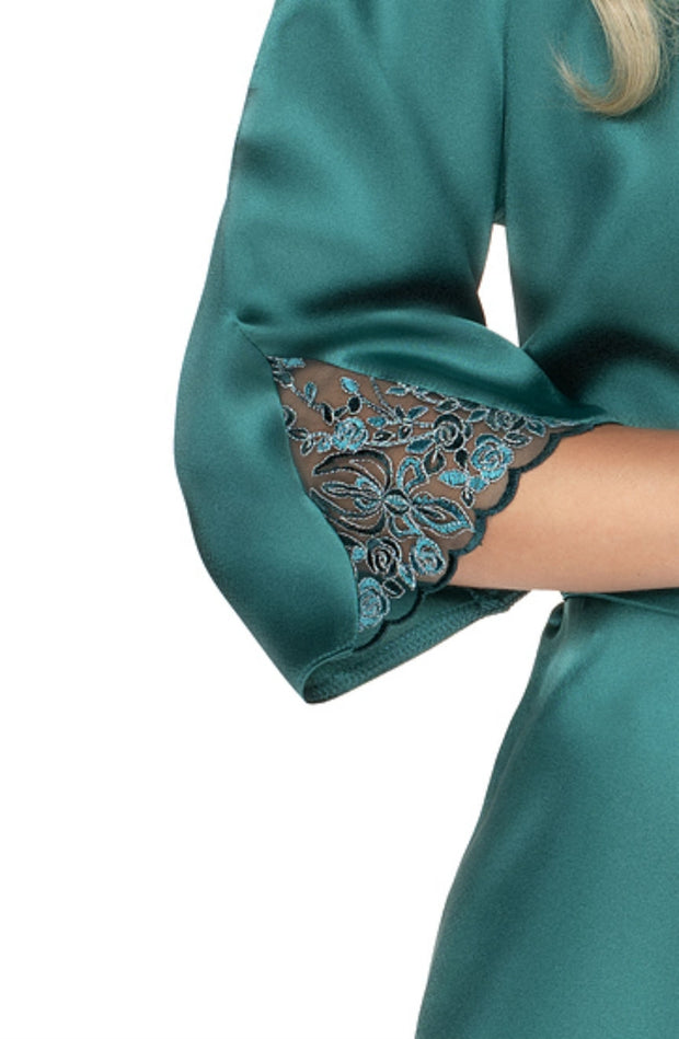 Irall Emerald Green Satin Dressing Gown with Intricate Floral Embroidery