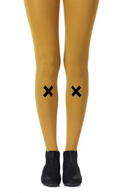 Zohara 120 Denier Mustard Tights With A Black Reversible Graphic Print