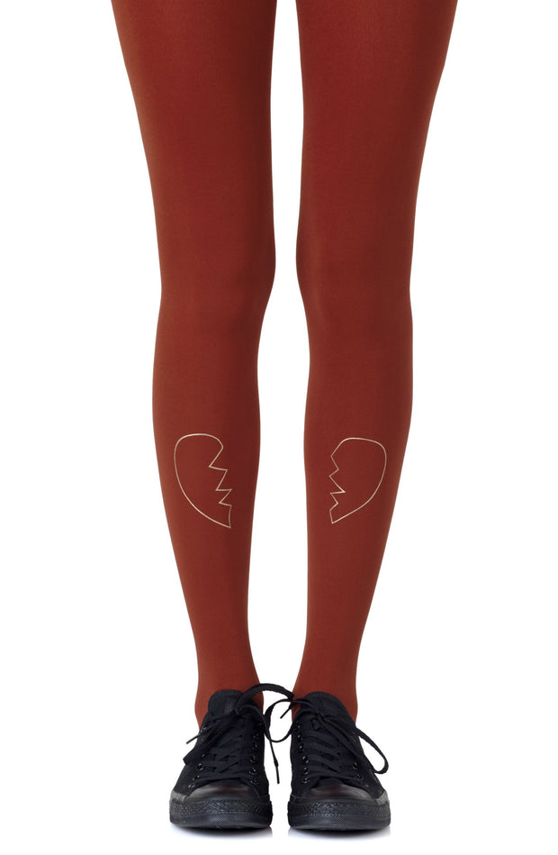 Zohara Rust Tights With Reversible Heart Break Graphic in Metalic Gold