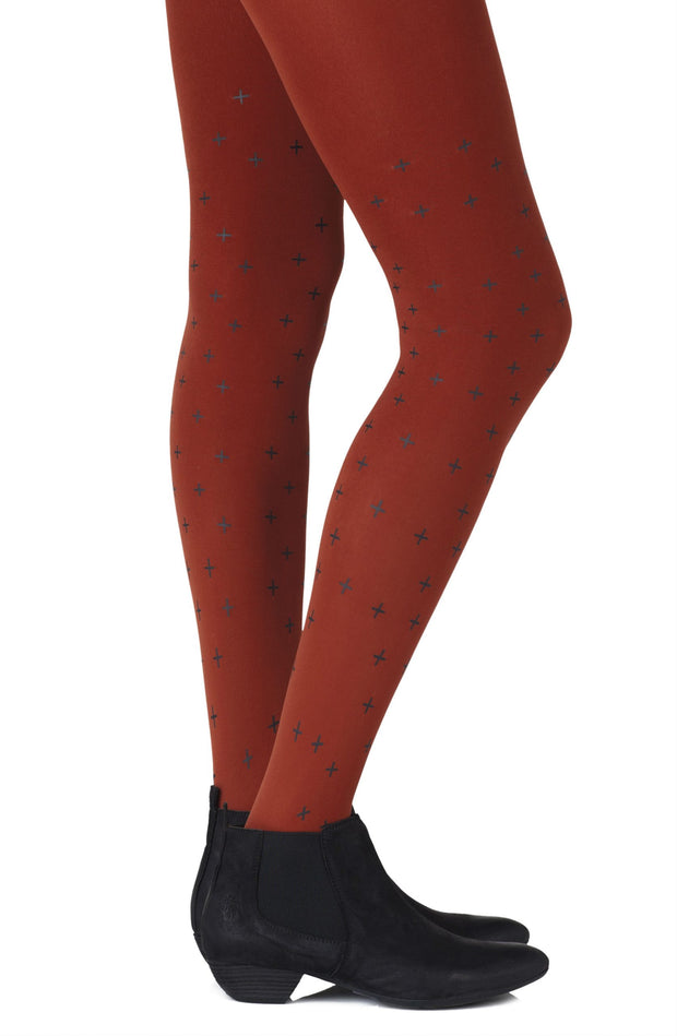 Zohara Rust Tights With Allover Captivating Black Print Design