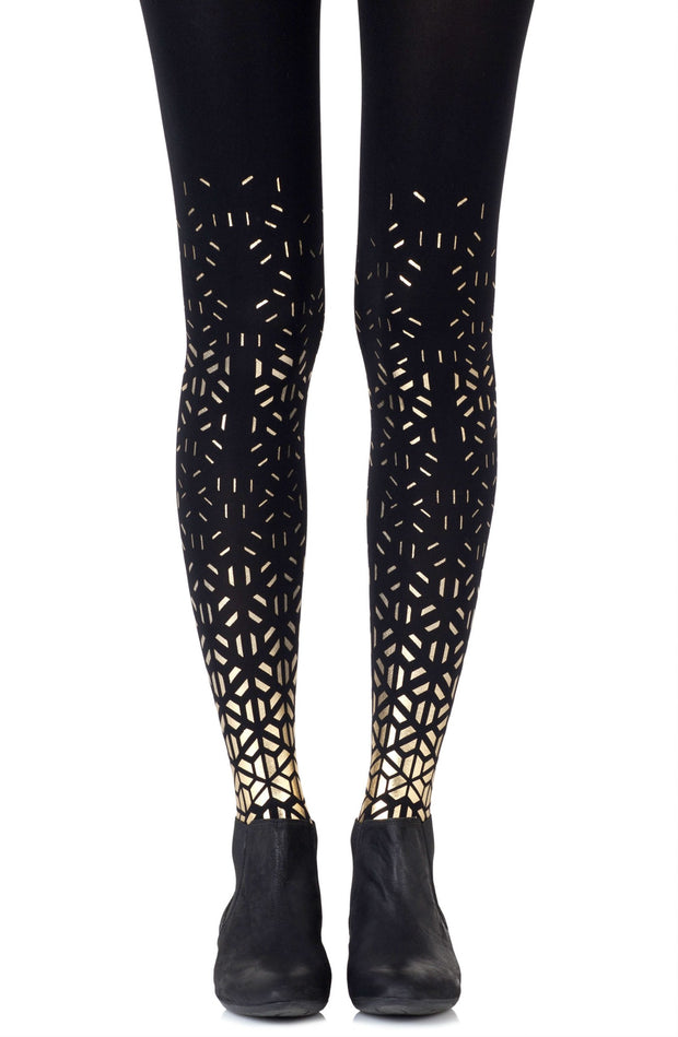 Zohara 120 Denier Black Tights With Allover Geometric Pattern In Gold