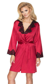 Irall Juniper Burgundy Short Satin Dressing Gown with Black Lace