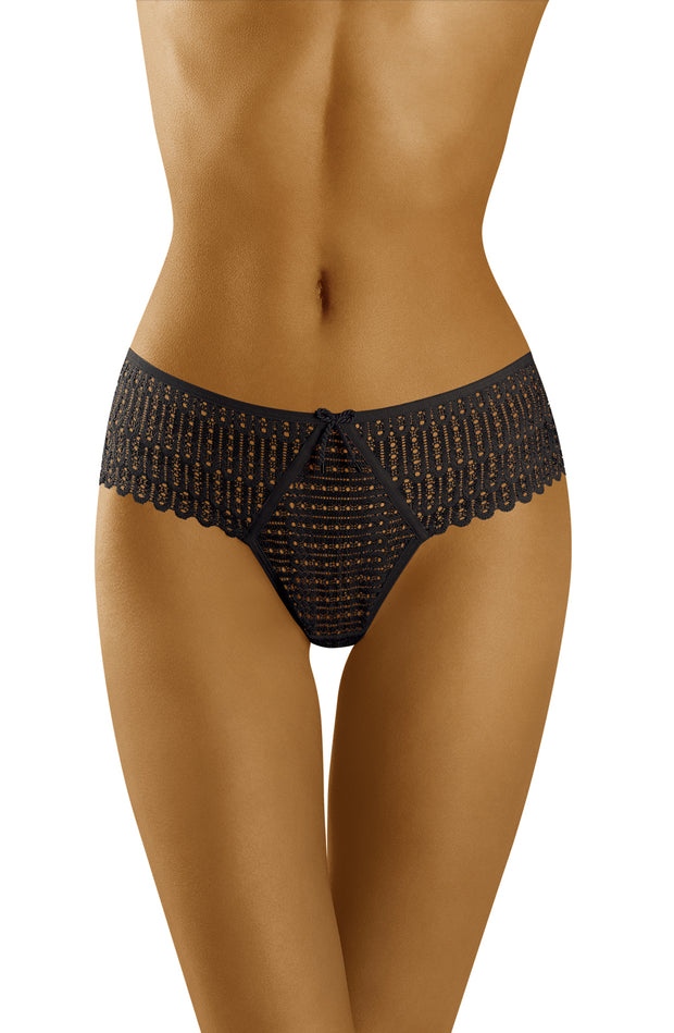 Wolbar Curanta Richly Decorated Lace Black Thong with Center Bow